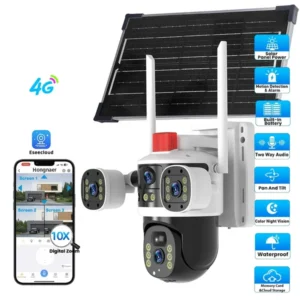 Camera de supraveghere tripla,cu panou solar,4G cartela sim,Full HD Zoom 10X,9 MP,card SD cadou