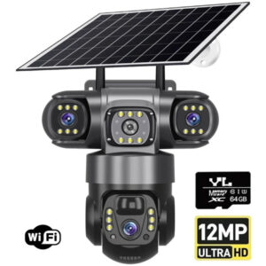 Camera de Supraveghere Tripla,cu panou solar,WIFI,Ultra HD,12MP Zoom 10X,PTZ,8K,Comunicare Bidirectionala, Alarma, Senzor Miscare,card SD cadou