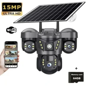 Camera de Supraveghere cu panou solar,3 lentile,WIFI,Ultra HD,15MP Zoom 10X,PTZ,8K,Comunicare Bidirectionala, Alarma, Senzor Miscare,card SD cadou