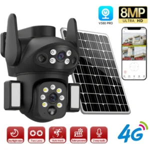 Cameră de Supraveghere Solară 4G Dual Lens 8MP UHD, PTZ 355°, Audio Bidirecțional,senzor de miscare,Vedere Nocturnă Color