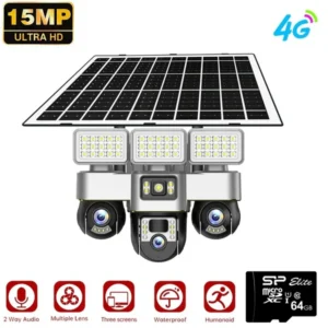 Cameră de Supraveghere Solară 4G PTZ cu 3 Lentile – 15MP Ultra HD, Viziune Nocturnă Color, Baterie 16000mAh,Card SD cadou