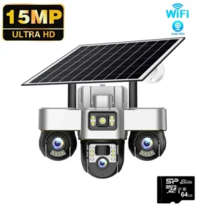 Cameră de Supraveghere Solară WIFI PTZ cu 3 Lentile – 15MP Ultra HD, Viziune Nocturnă Color, Baterie 16000mAh,Card SD cadou